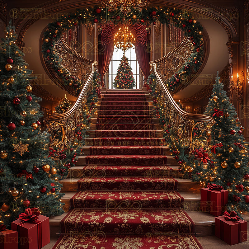 premium one pillowcover backdrops-Christmas Tree Cascading Stairs