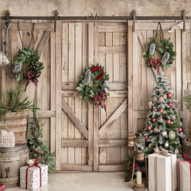 premium one pillowcover backdrops-Christmas bright barn and wreath-1