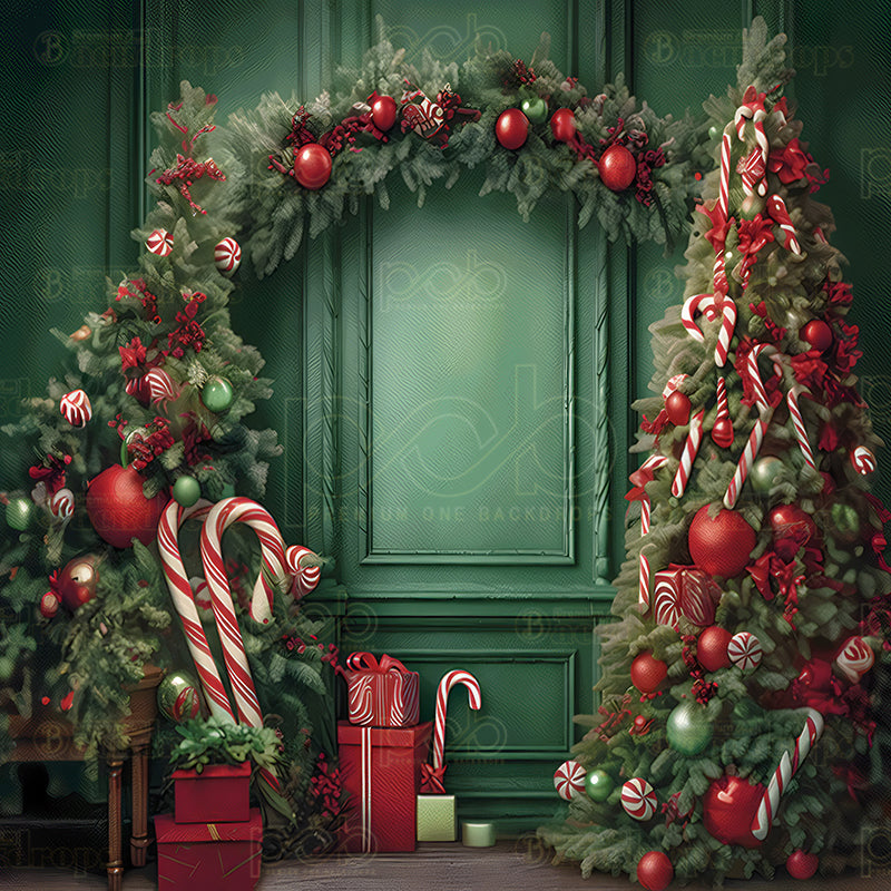 premium one pillowcover backdrops-Classical Green Wall Christmas Tree