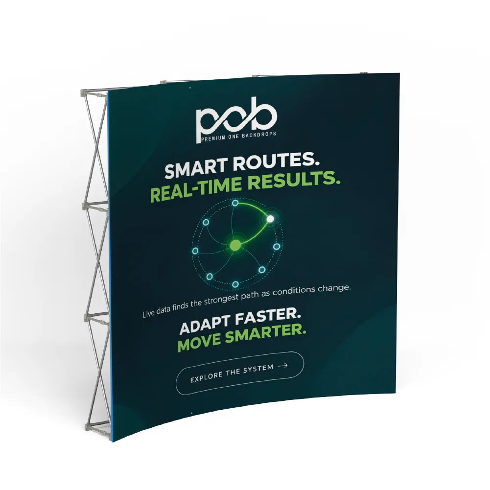 Right angle view of a curved fabric pop up display with printed event graphics