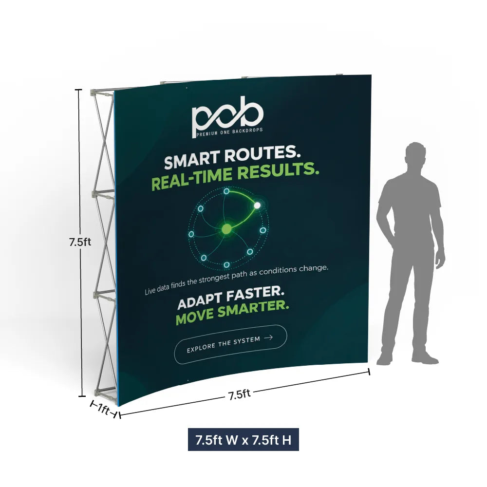 Curved fabric pop up display shown with dimensions and human scale for size reference