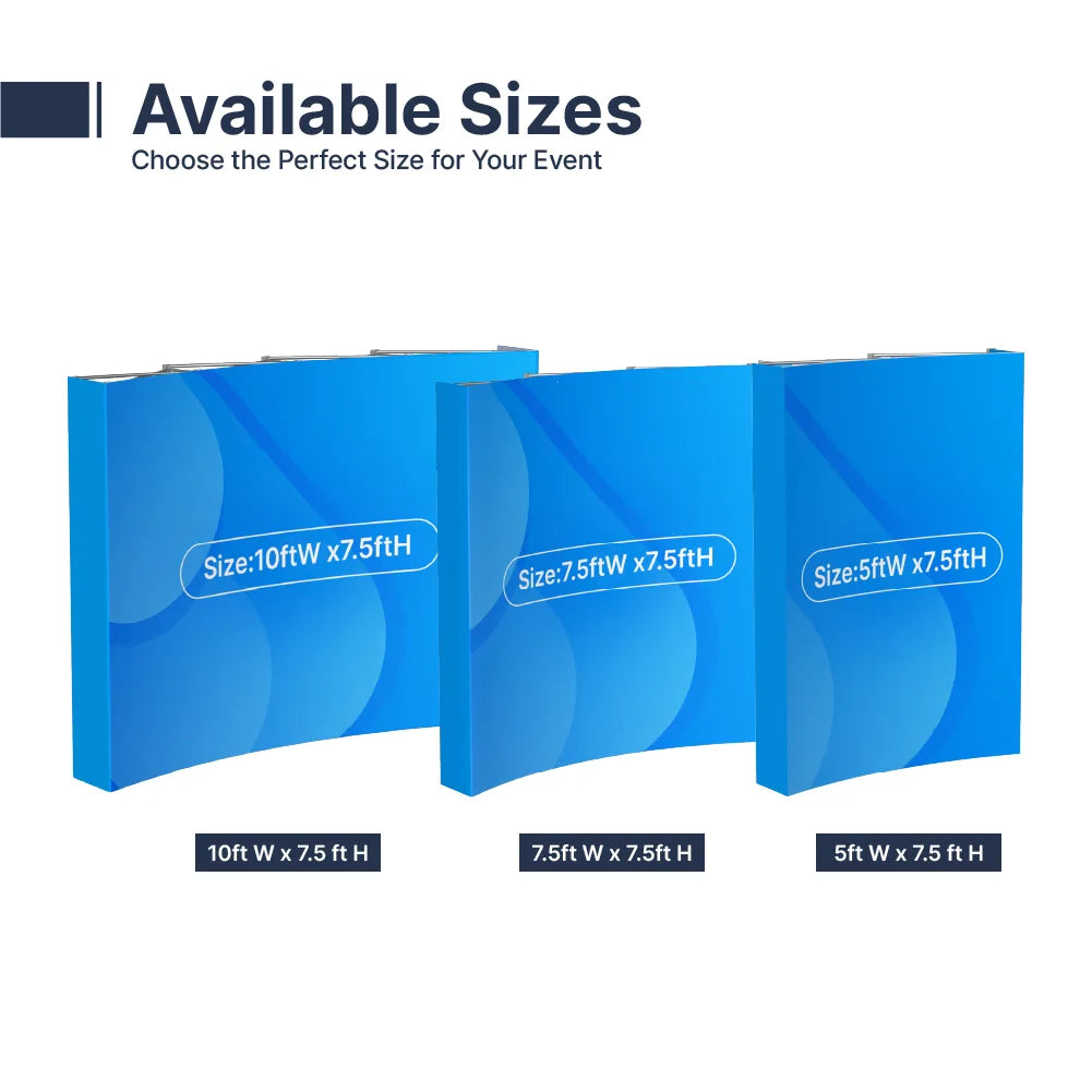 Curved fabric pop up display with end caps in 5ft, 7.5ft, and 10ft widths with 7.5ft height