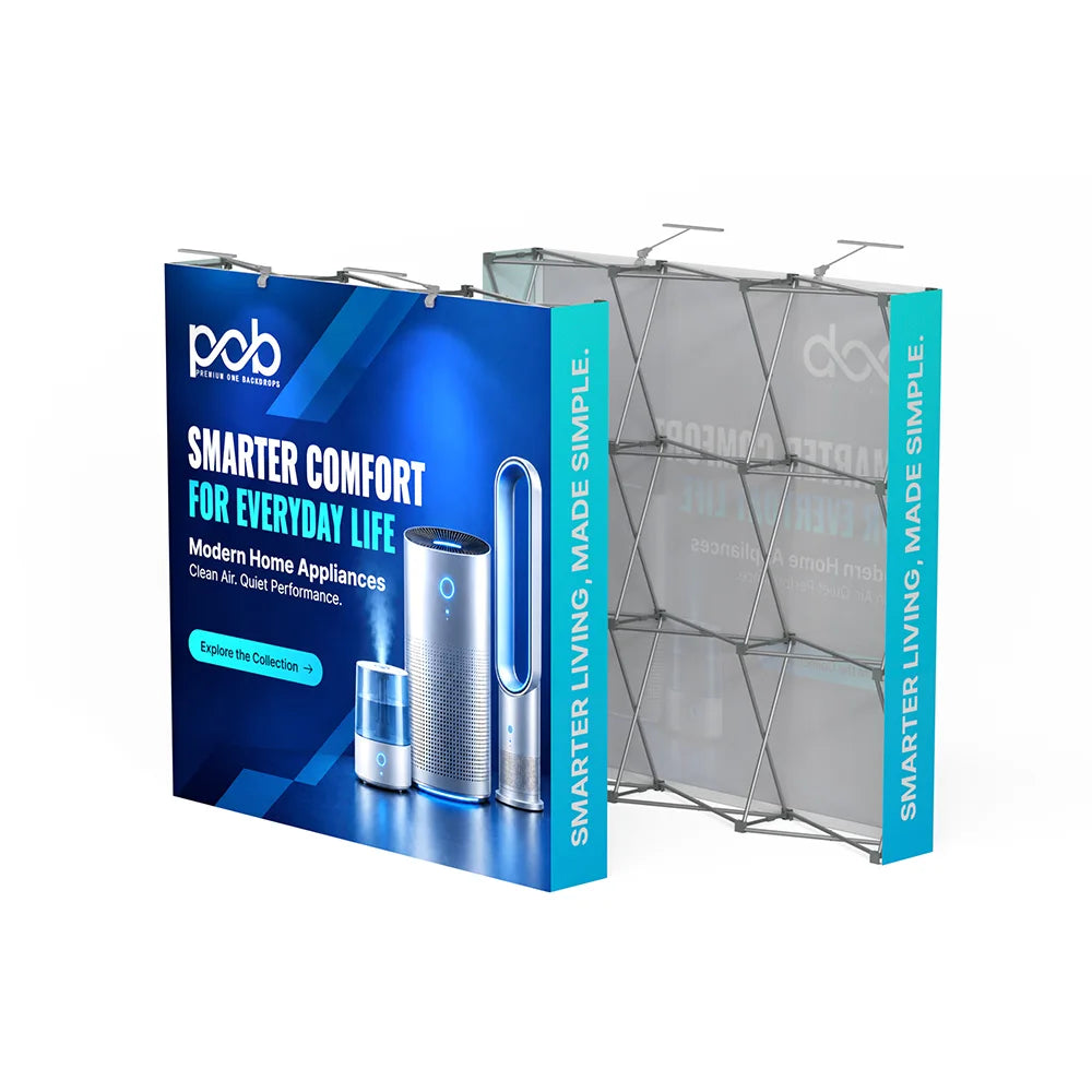 Rear view of straight fabric pop up display with fabric graphic coverage