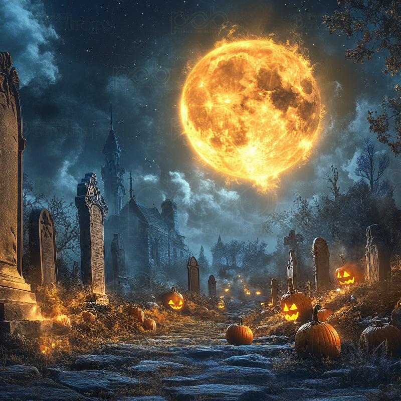 premium one pillowcover backdrops-Graveyard At Moonlight