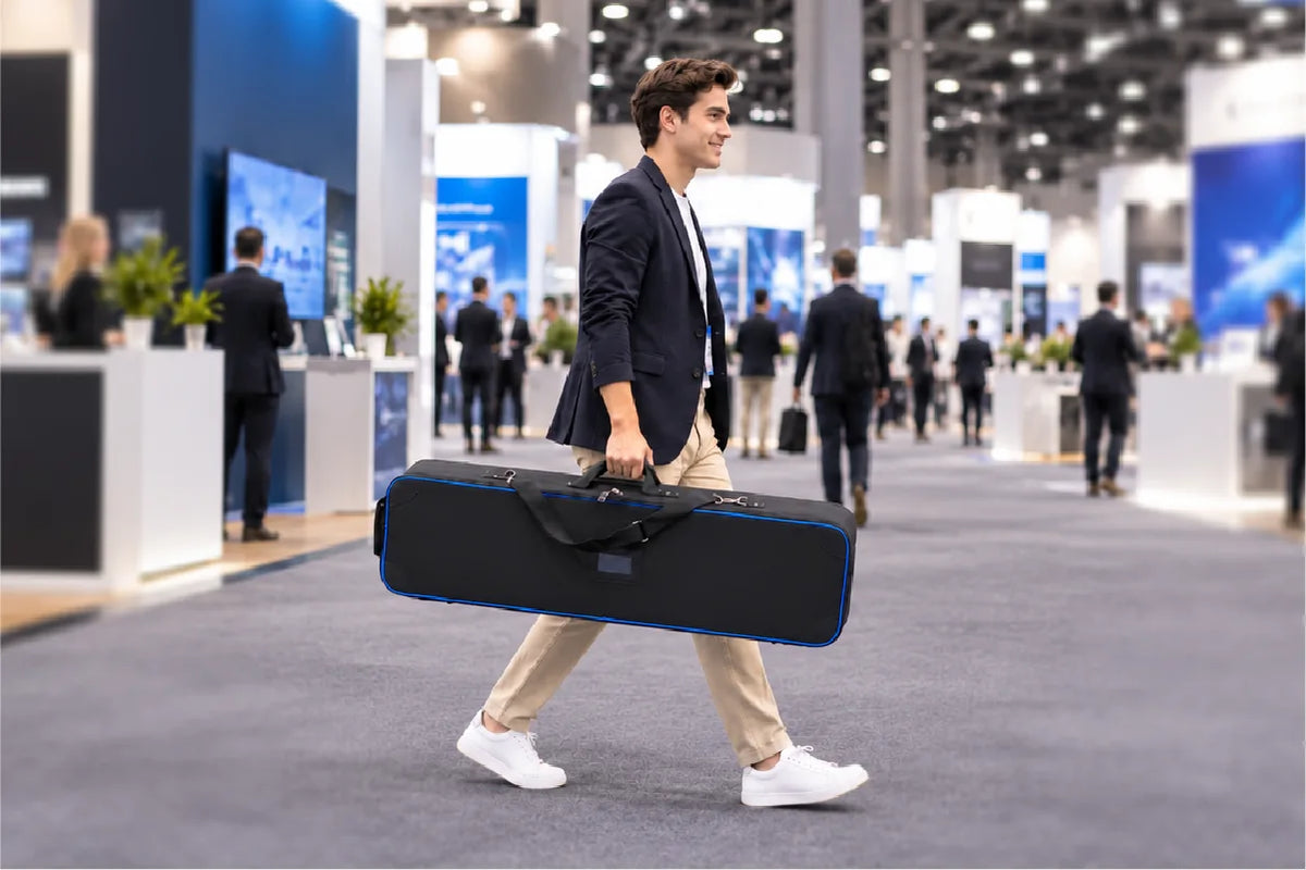 Trade show exhibitor carrying a black hard case without wheels through an exhibition hall