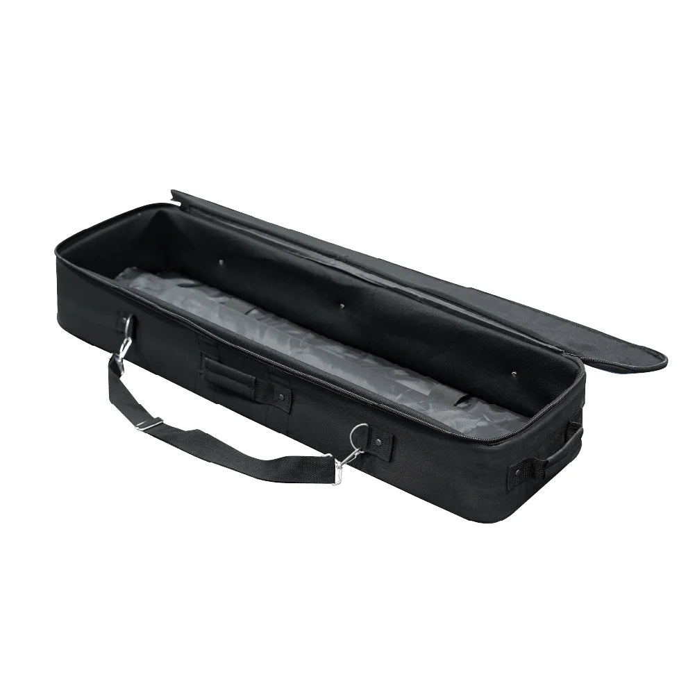 Open black hard carrying case without wheels showing the spacious interior and carrying strap