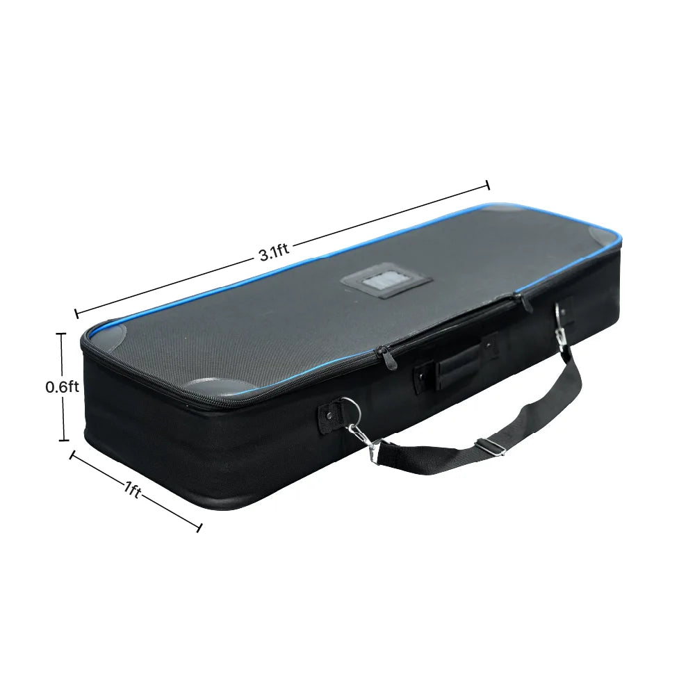 Black hard carrying case measuring 3.1 ft long, 1 ft wide and 0.6 ft high