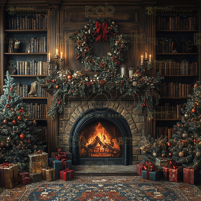 premium one pillowcover backdrops-Home Library With Fireplace