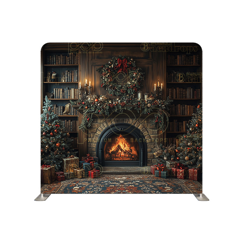 premium one pillowcover backdrops-Home Library With Fireplace