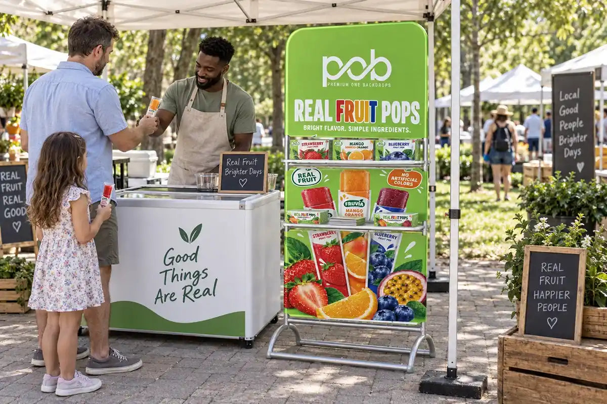 Inclined product display with shelves holding fruit pops at an outdoor vendor booth