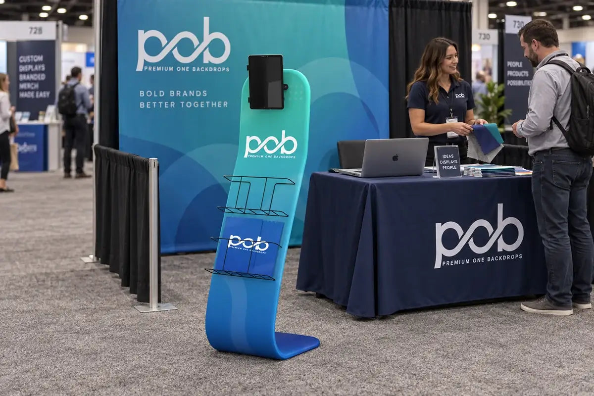 Tension fabric tablet display stand used at indoor trade shows, exhibitions and product presentations