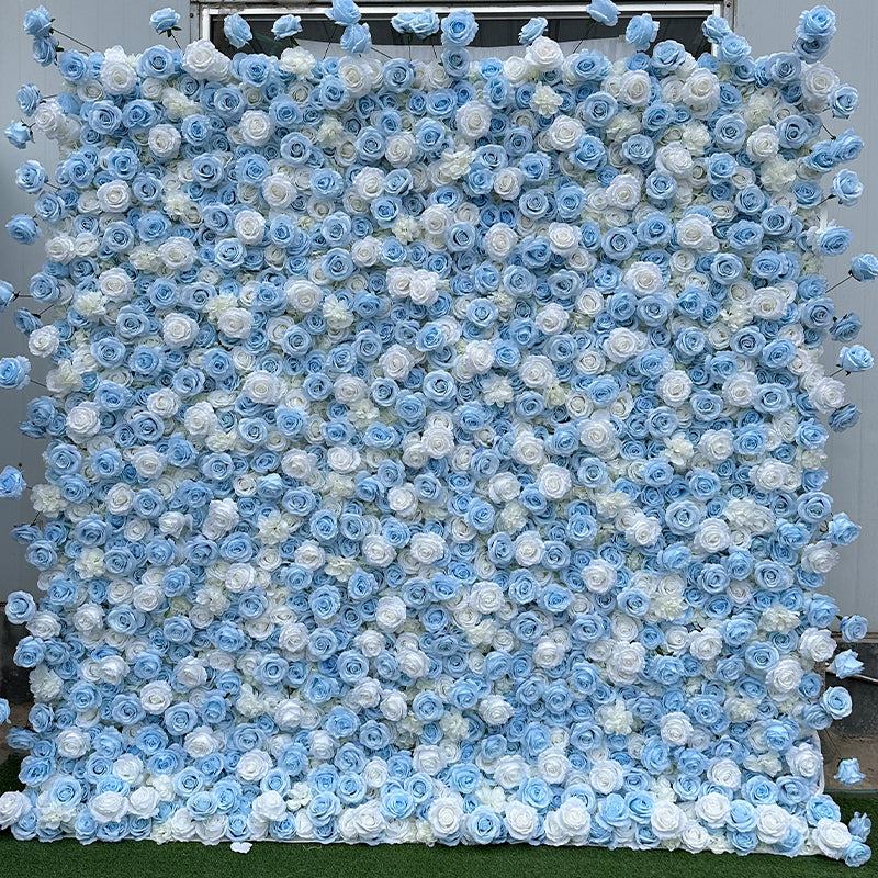 Light Blue White Rose Fabric Flower Wall