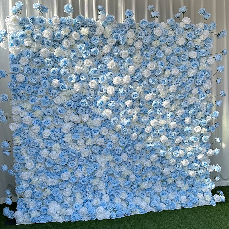 Light Blue White Rose Fabric Flower Wall