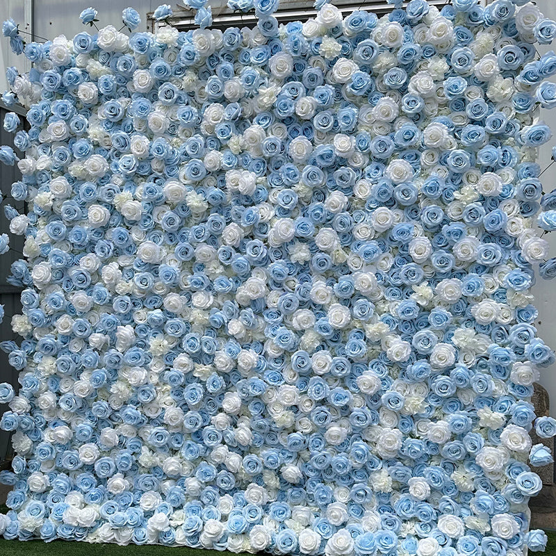 Light Blue White Rose Fabric Flower Wall