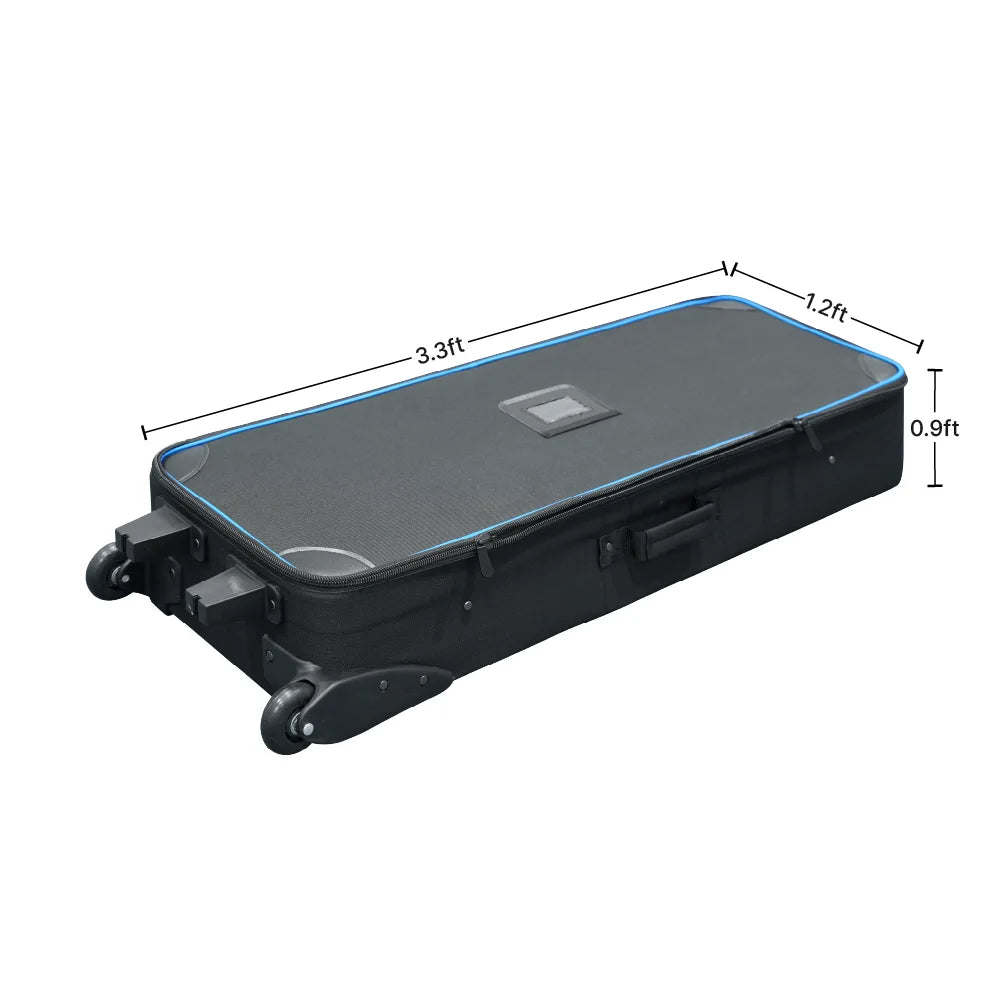Medium hard carrying case with wheels measuring 3.3 ft long, 1.2 ft wide and 0.9 ft high