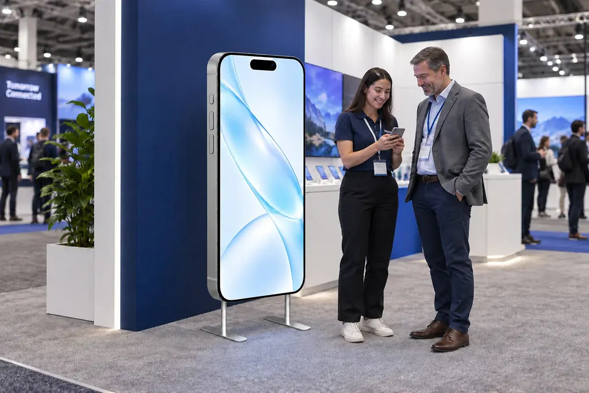 Phone-shaped exhibit stand with illuminated graphics at a technology trade show booth