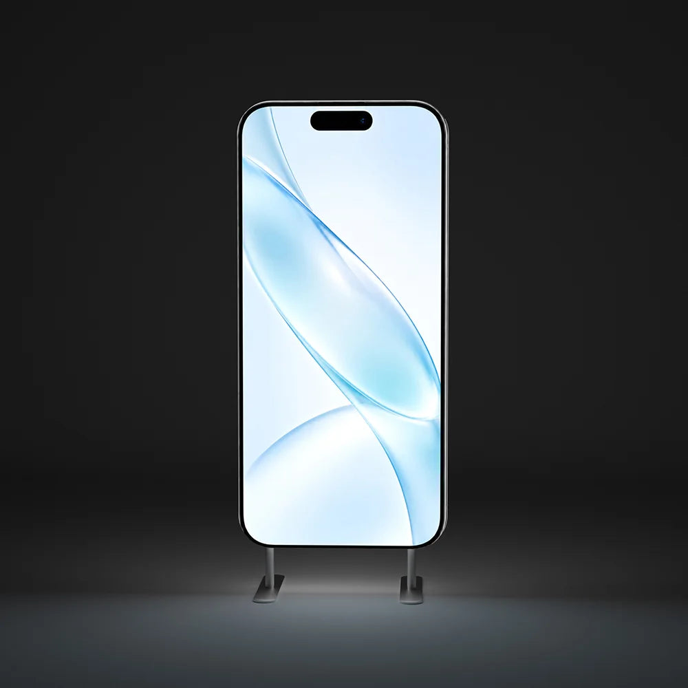 Illuminated phone-shaped display stand with glowing blue graphics against a dark background