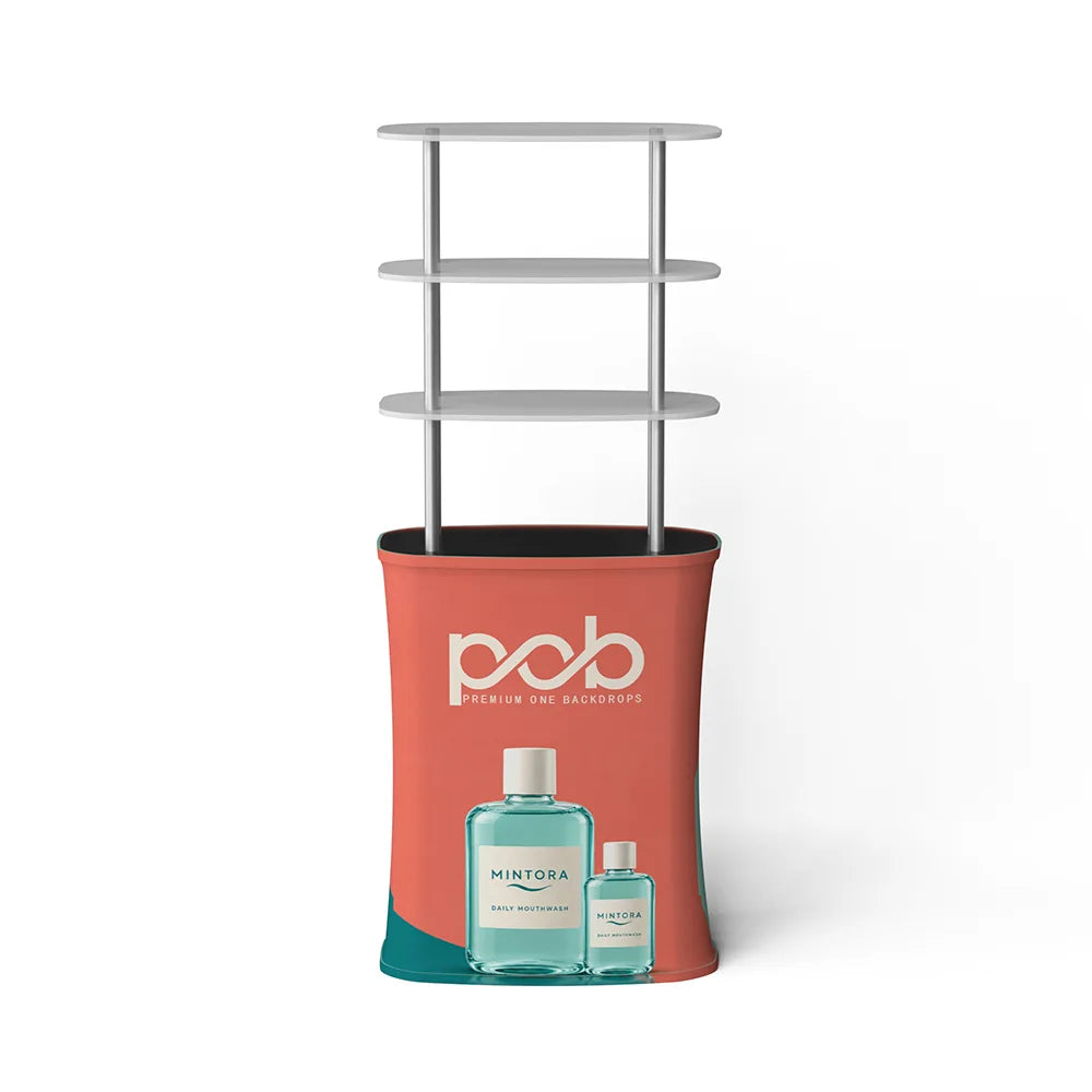 Front view of a square display rack with three display shelves and branded fabric graphics