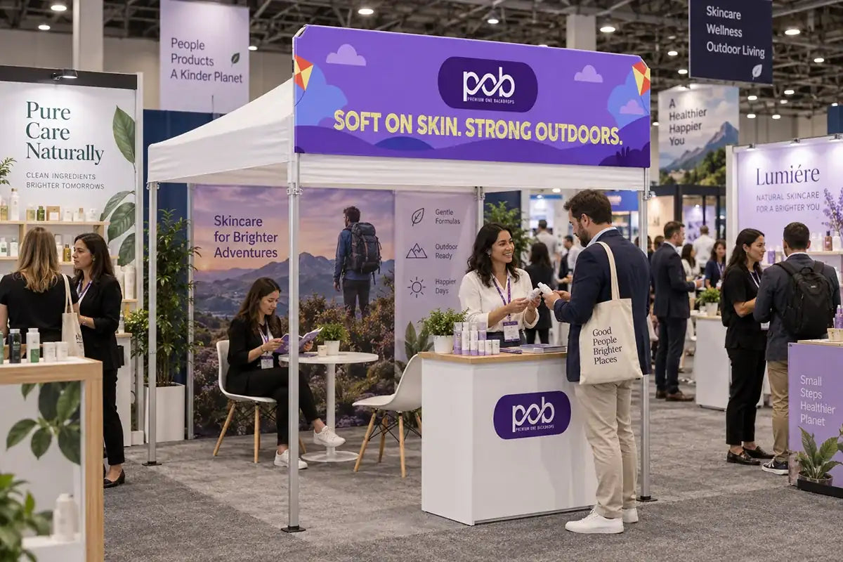 Custom printed tent billboard banner displayed above a skincare promotional booth at an indoor trade show