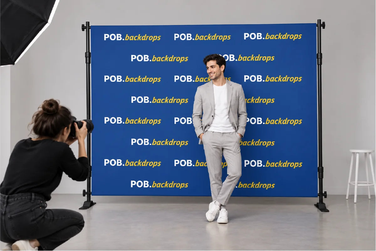 10ft step and repeat banner used as a branded photo backdrop in an indoor photography studio