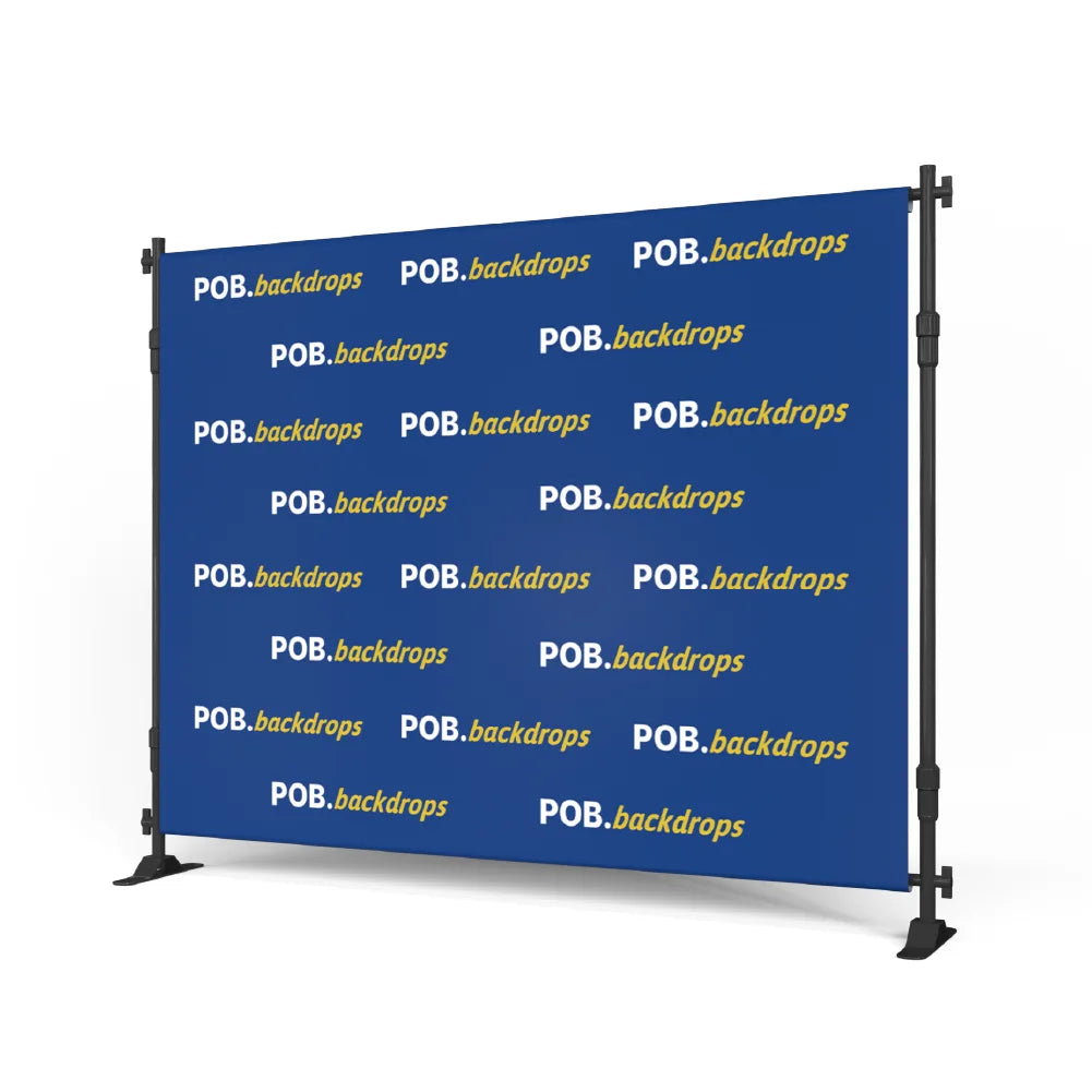10ft step and repeat banner stand with custom printed fabric shown from left angle