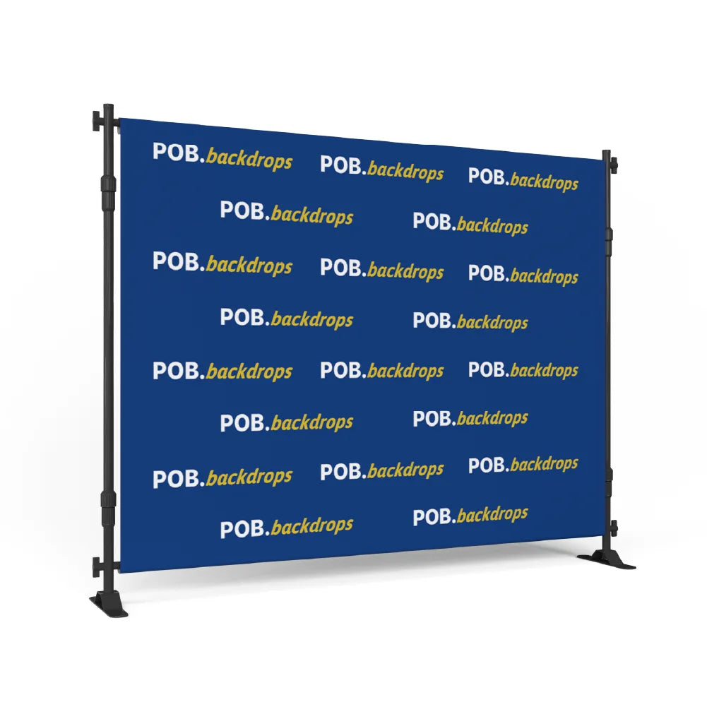 10ft step and repeat banner stand with custom printed fabric shown from right angle