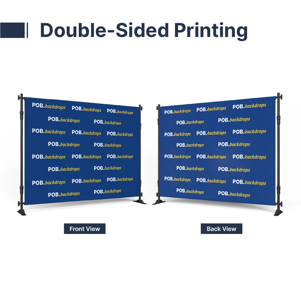 Double-sided 10ft step and repeat banner showing printed graphics on front and back