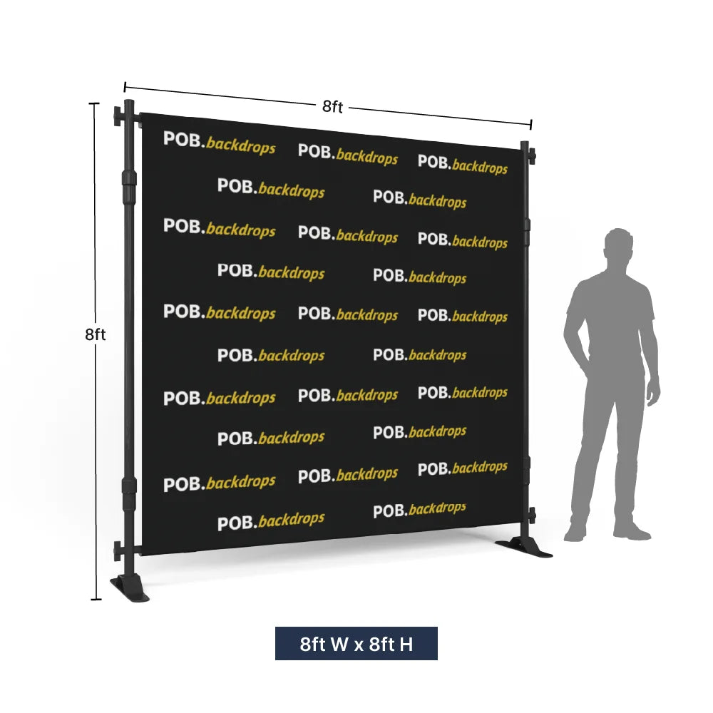 8ft x 8ft step and repeat banner with adjustable frame and custom printed graphic