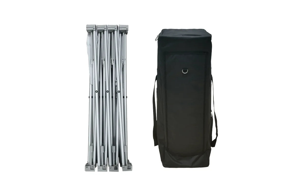 Step and repeat curved pop up display accessories including frame, fabric graphic, and carrying bag