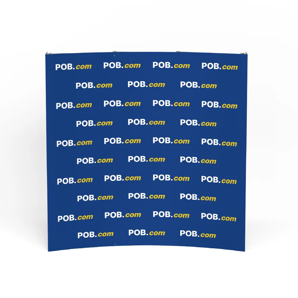 Step and repeat curved pop up display front view with fabric graphic for trade shows