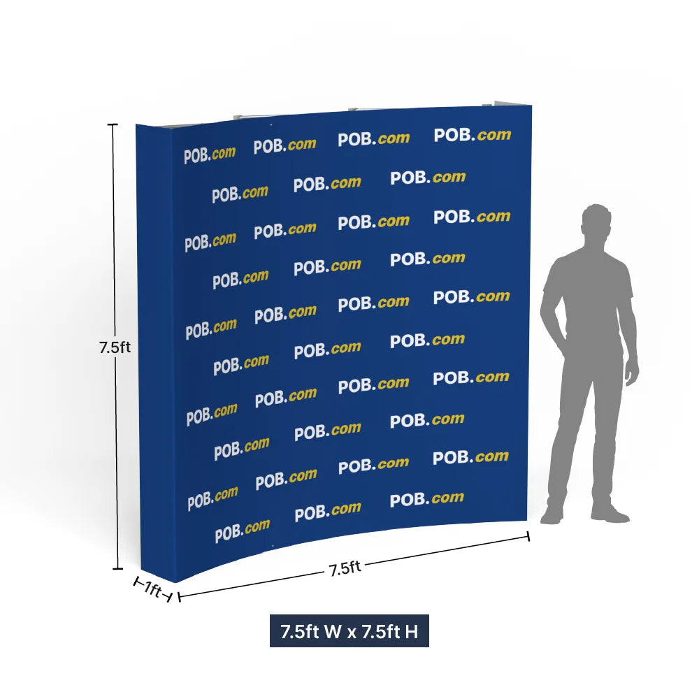 Step and repeat curved pop up display size guide with width and height measurements