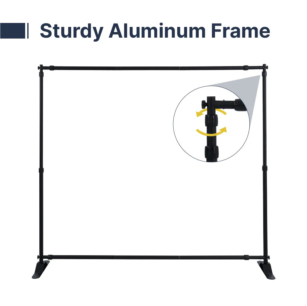 Adjustable step and repeat stand frame with crossbars and stable metal bases