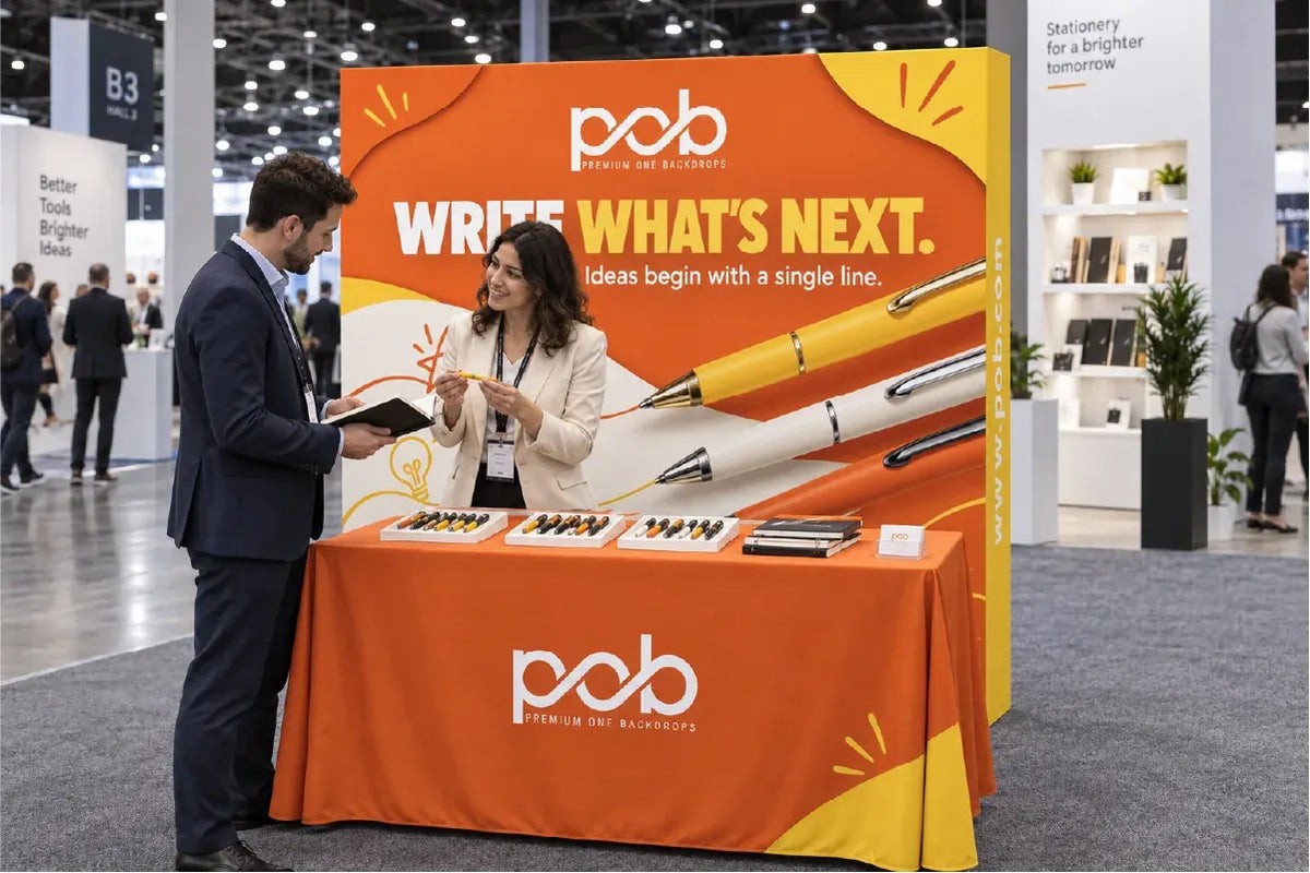 Straight fabric backdrop with end caps used at an indoor trade show booth