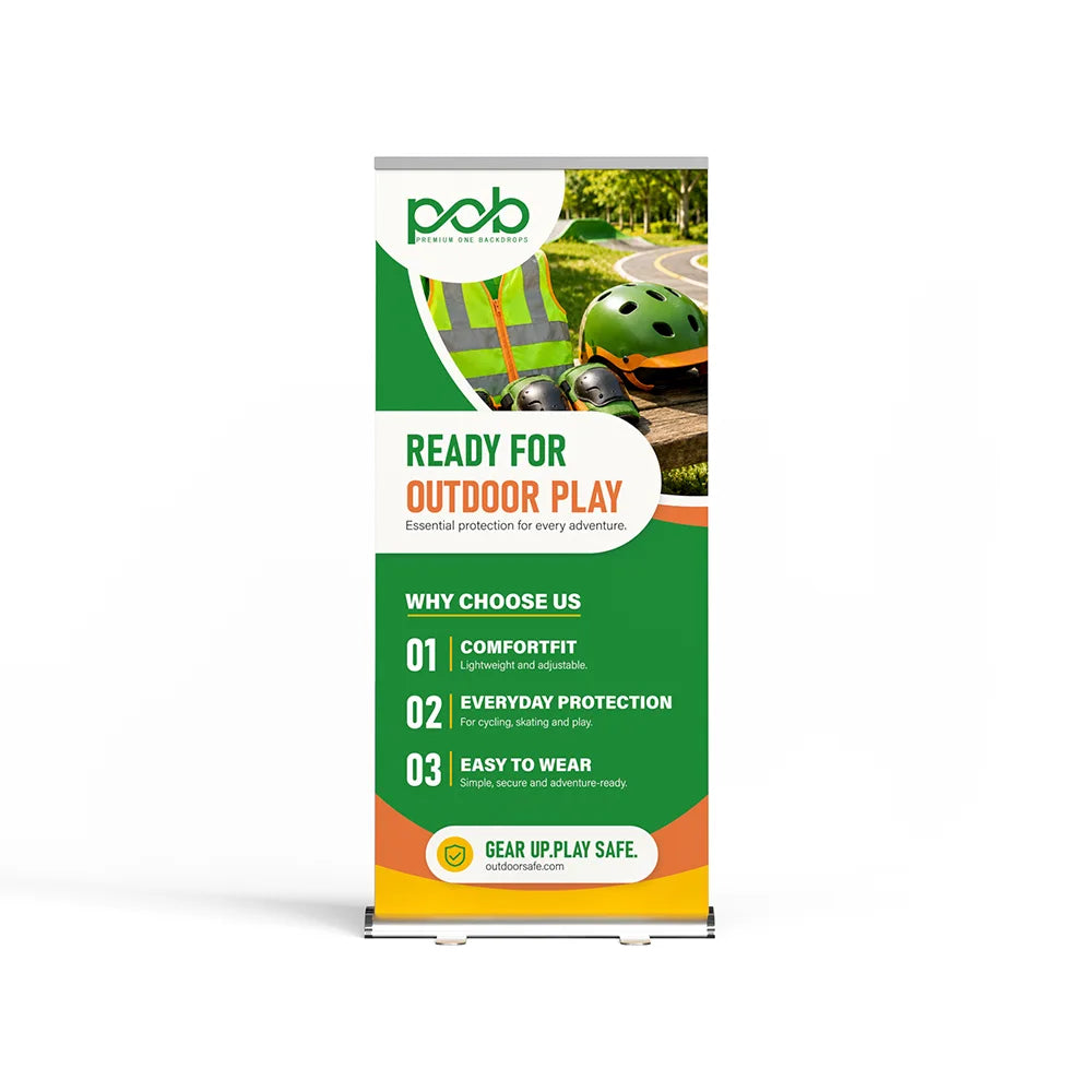 Teardrop roll up banner stand – front view