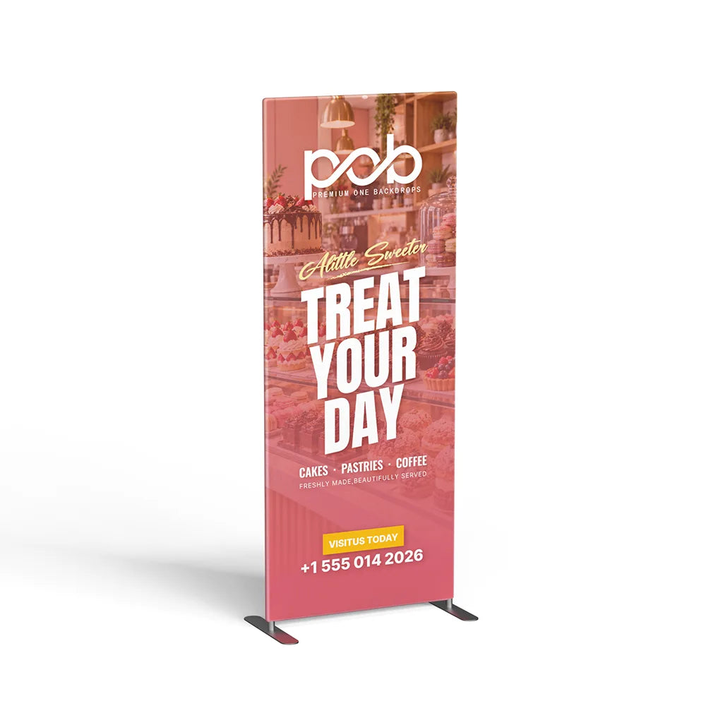 Portable straight corner fabric display right side view with aluminum frame