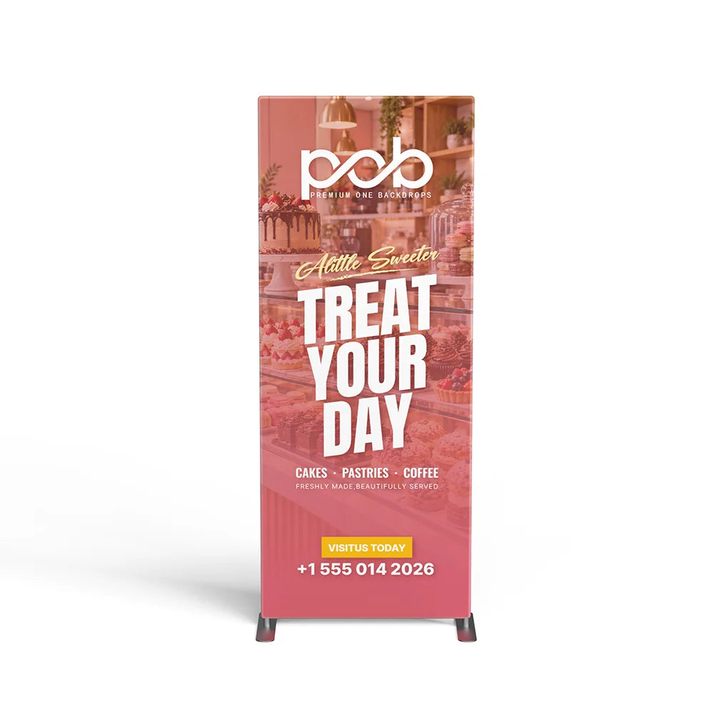 Portable straight corner fabric display front view with tension fabric graphic