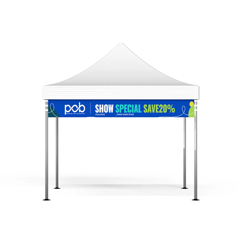 Front view of a tent valance banner with a blue promotional design attached beneath a white canopy roof