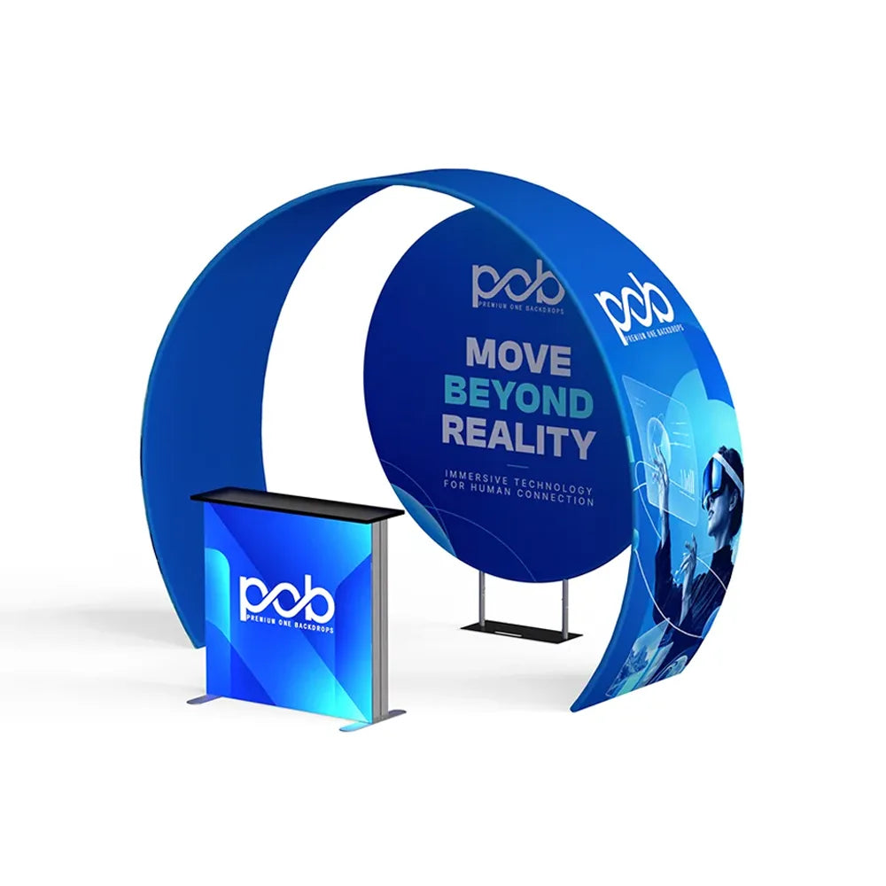 Left angle view of 10x10 trade show booth with branded fabric display