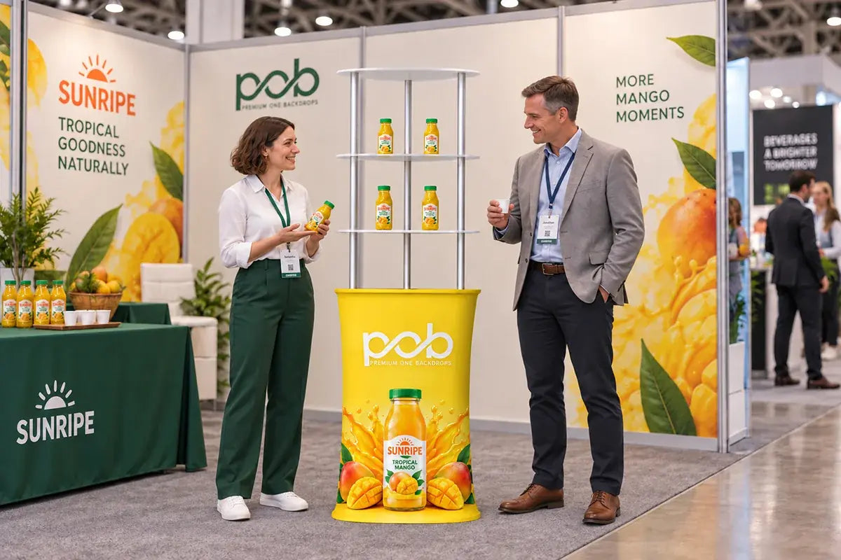 Triangle display rack showcasing bottled mango juice at an indoor trade show booth