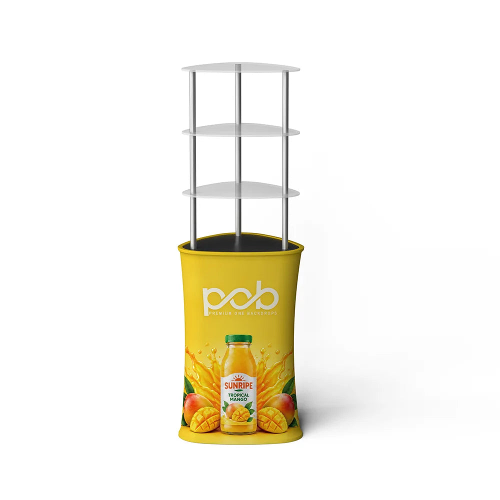 Front view of a three-tier triangle display rack with silver support poles and printed mango juice graphics