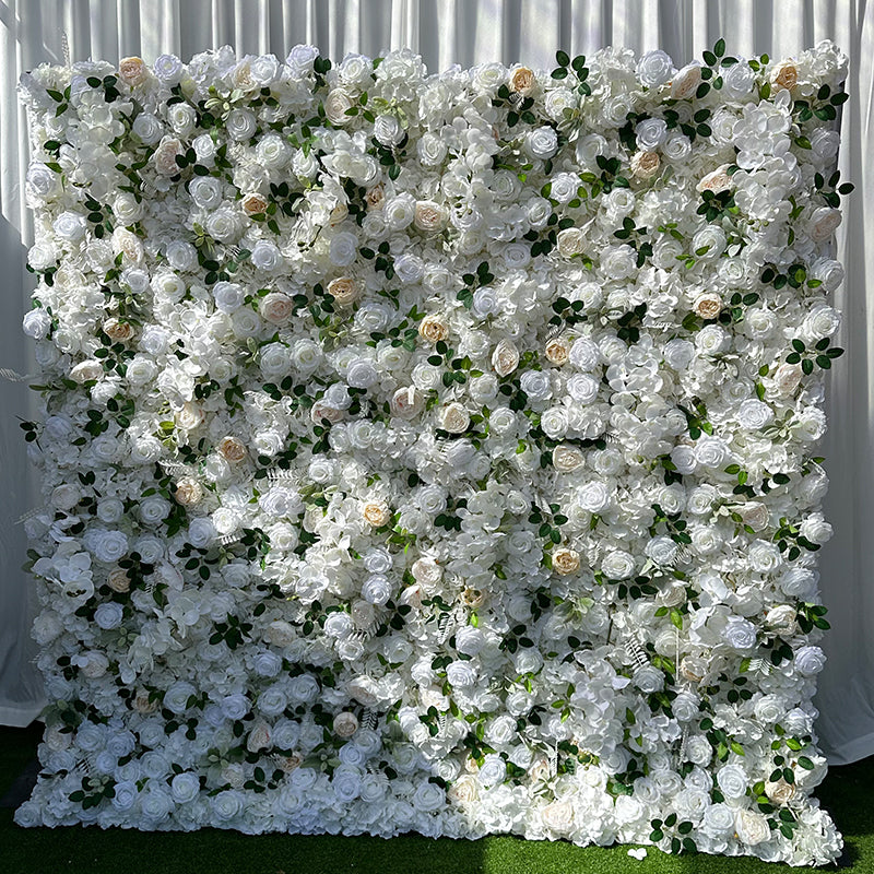 White & Champagne Rose Fabric Artificial Flower Wall