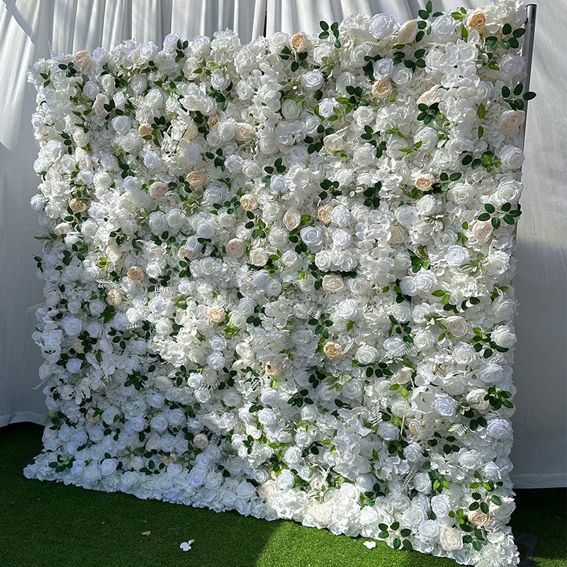 White & Champagne Rose Fabric Artificial Flower Wall