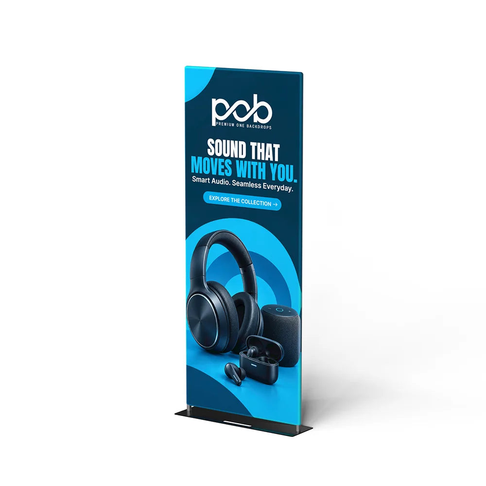 EZ banner stand display square corner left side view with aluminum frame