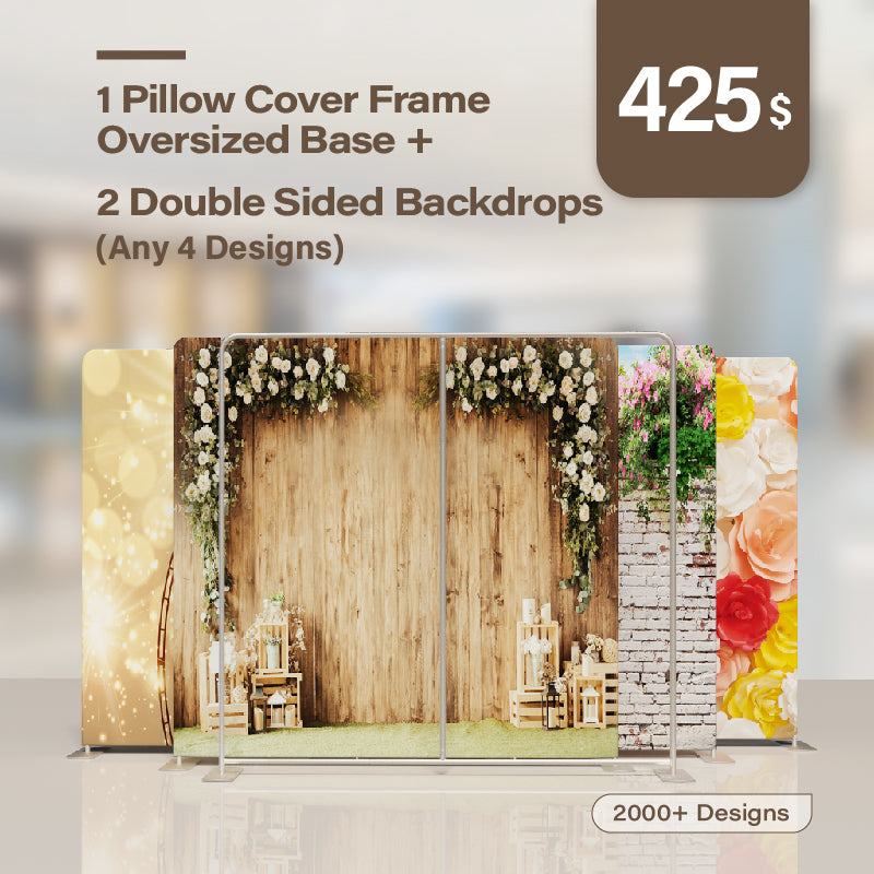 1 Pillow Cover Frame Oversized Base and 2 Double Sided Backdrops (Any 4 Designs)