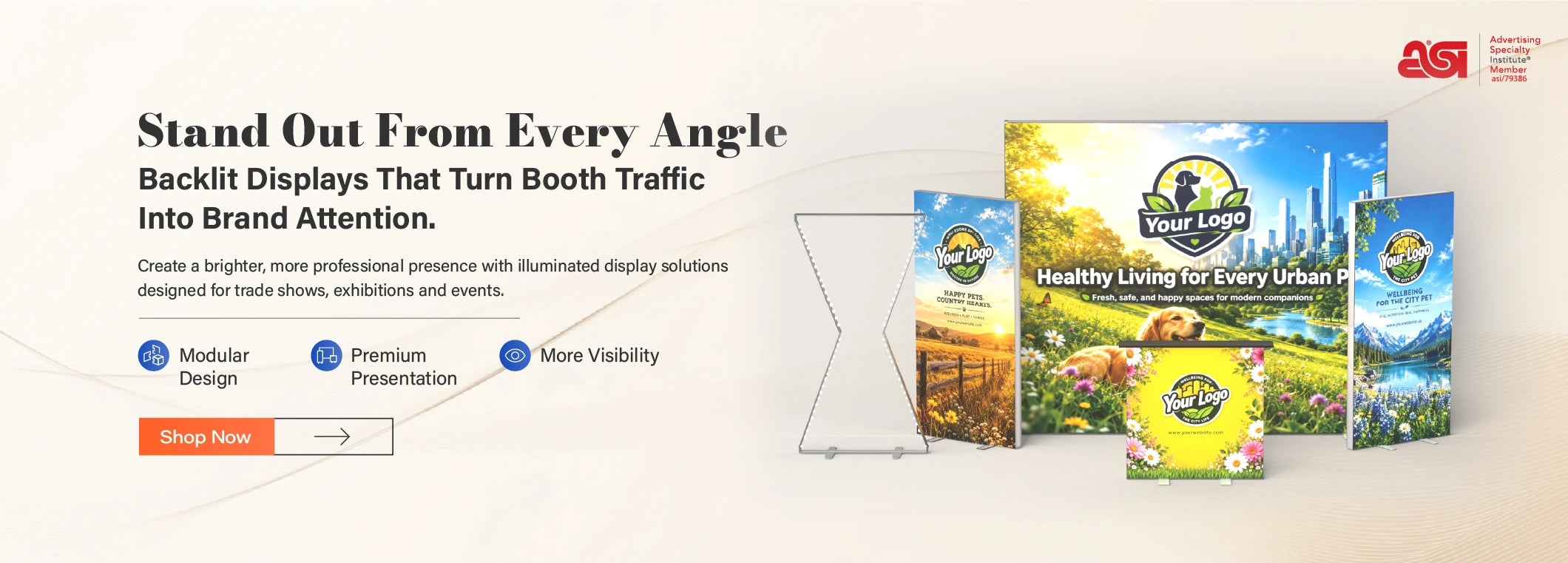 Backlit display booth with illuminated SEG graphics, light box frames and branded counter for trade shows