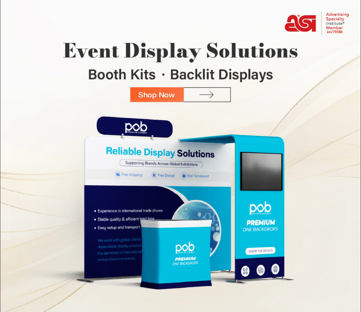 Trade show event display solutions with booth kit, backlit display and branded counter for exhibitions