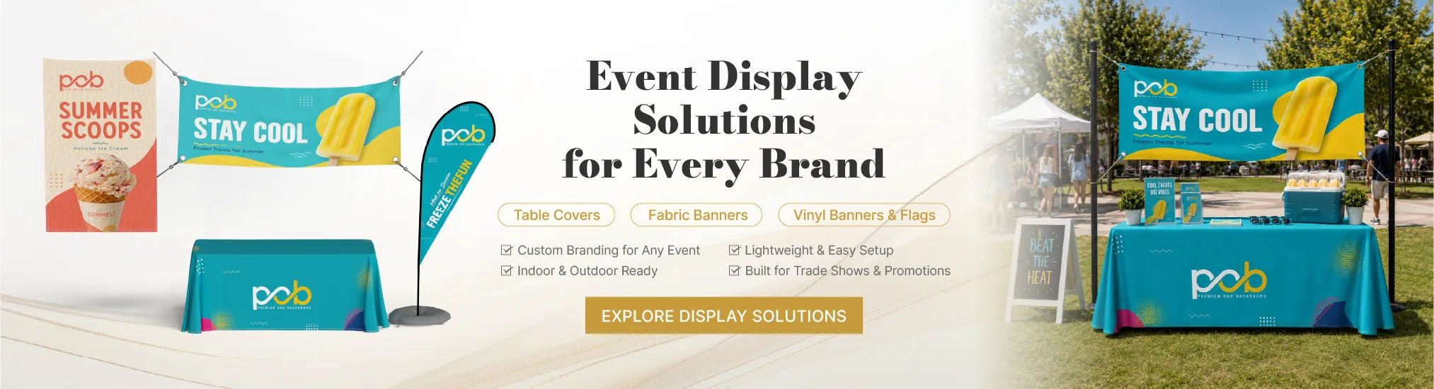 POB custom flags, fabric banners and table covers for events, promotions and branded displays