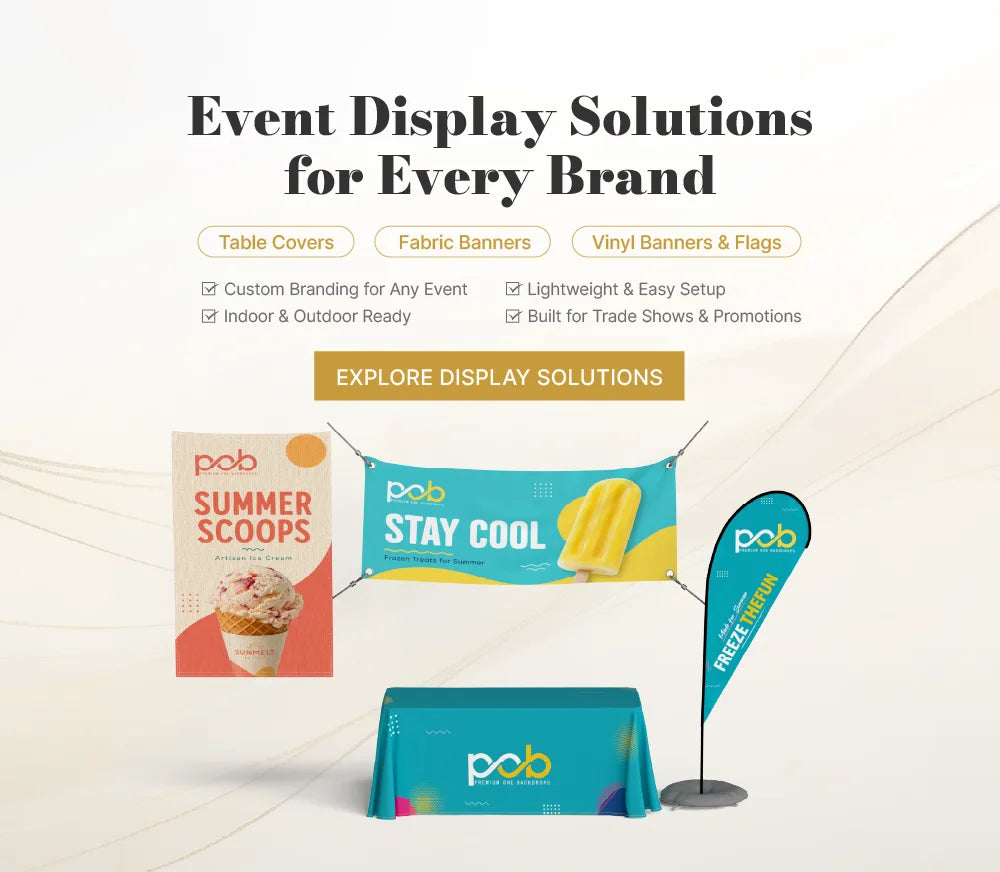 POB custom flags, fabric banners and table covers for events, promotions and branded displays