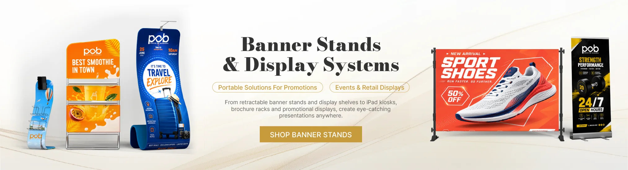 Portable banner stands for trade shows, events, retail promotions and branded displays