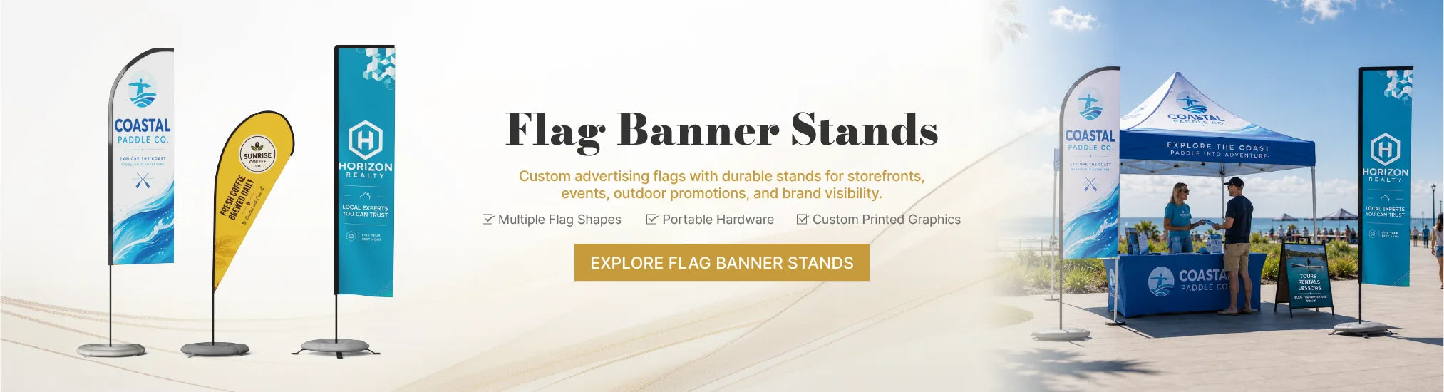 Custom advertising flags for outdoor promotions, storefront visibility and event branding